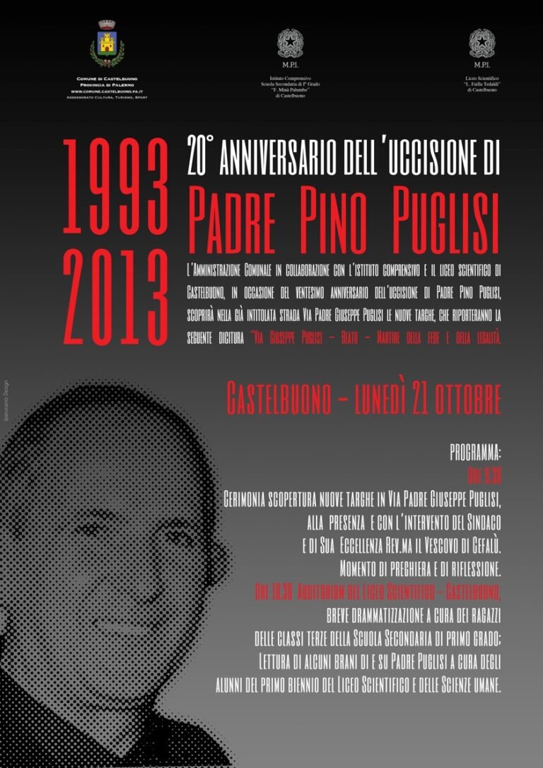 Targa in ricordo di don Pino Puglisi nel giorno dell’anniversario dell’omicidio