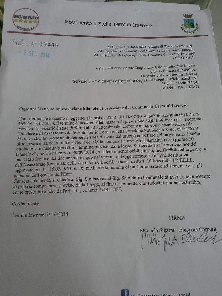 Bilancio non approvato. Il Movimento Cinque Stelle chiede il commissariamento del consiglio comunale