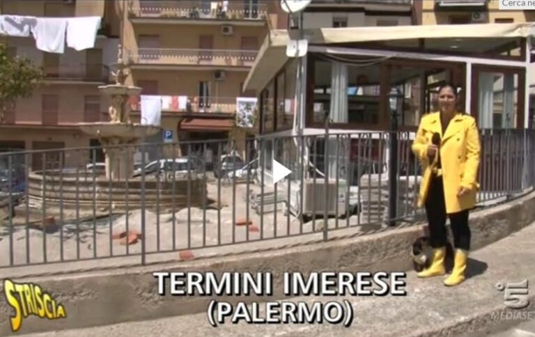 La Petyx a Termini per la fontana con gazebo. Ma l’autorizzazione del Comune che mostra su “Striscia la notizia” è una bufala. E rischia di essere querelata