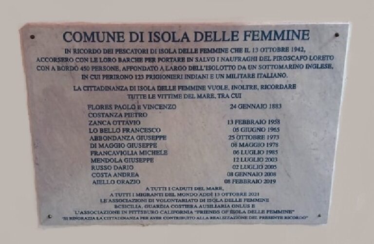 Isola delle Femmine, scopertura lapide nel 79° anniversario dell’affondamento del piroscafo Loreto