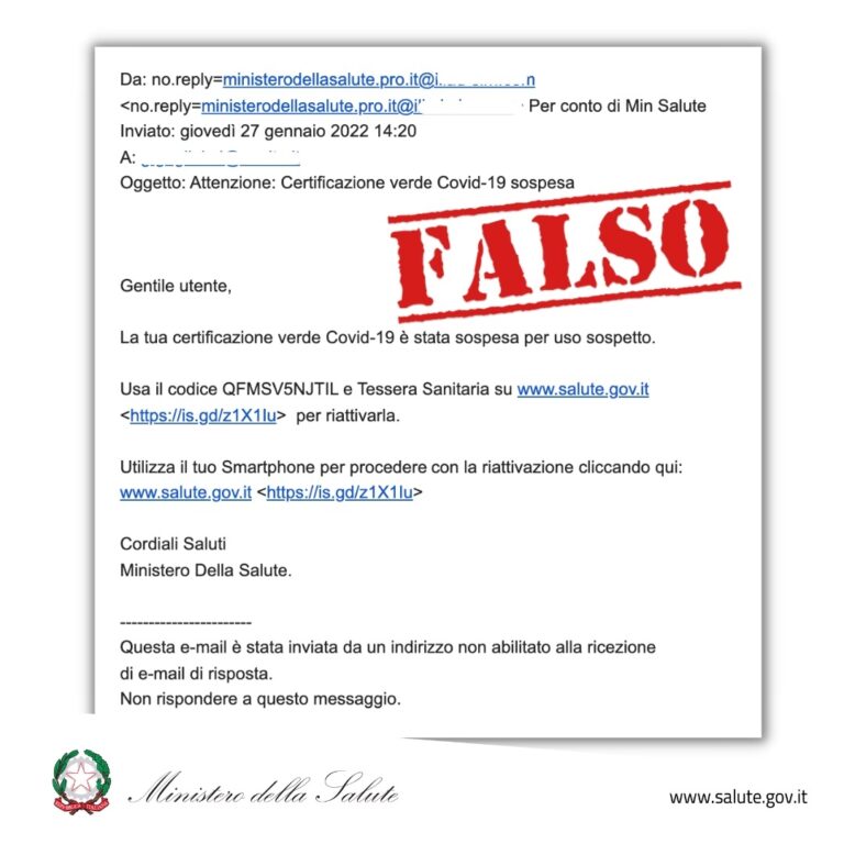 Ministero della Salute “Certificazione verde Covid-19 sospesa”: ma l’email è una truffa